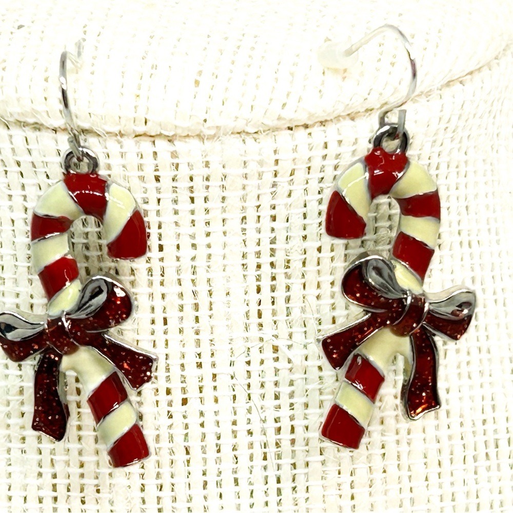 Christmas Candy Cane & Red Bow‎ Dangle Fishhook Earrings